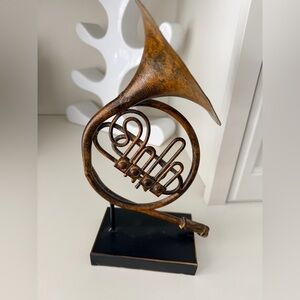 Rustic French Horn Instrument Model Metal Sculpture Art 10.5 Inches Home Decor